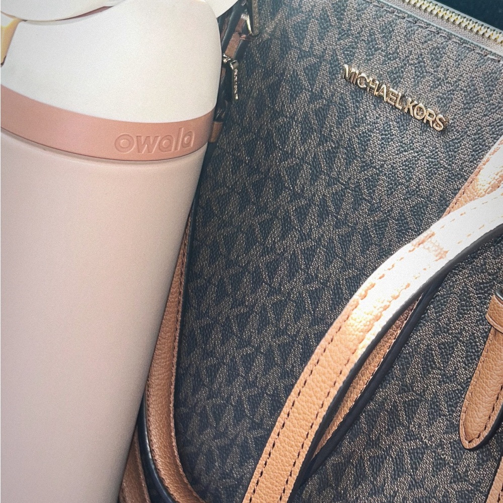 Michael Kors Gray and Tan Shoulder Bag with Monogram Pattern